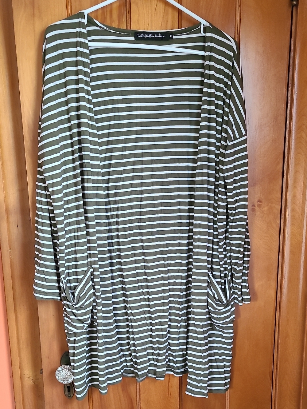 Soft Lightweight Olive & White Striped Open Cardigan - Casual Layering
